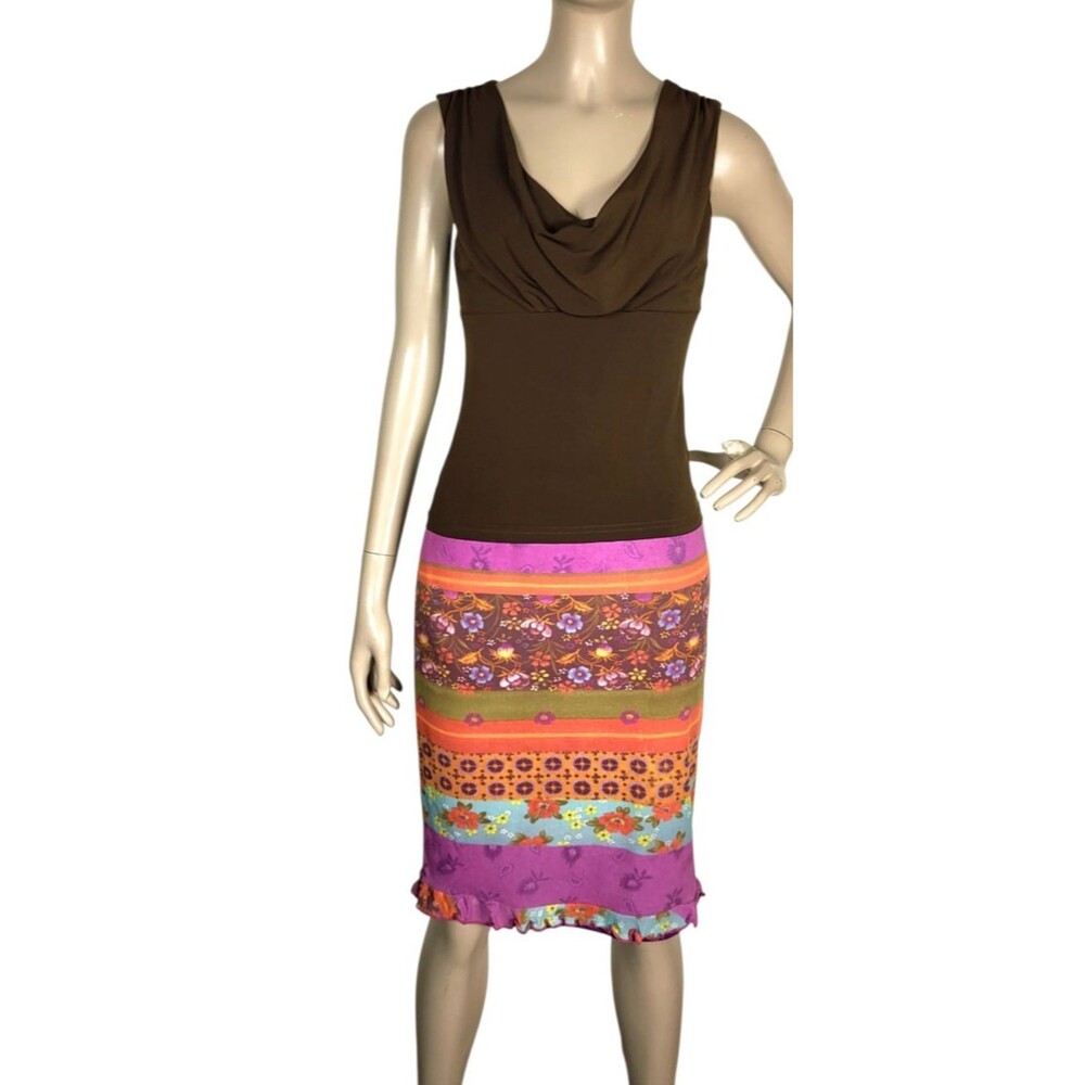 Vintage 90s Y2K Maria Bonita Mixed Media Colorful Ruffle Hem Pencil Skirt S/M